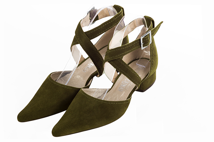 Khaki green women's open side shoes, with crossed straps. Pointed toe. Low block heels. Front view - Florence KOOIJMAN